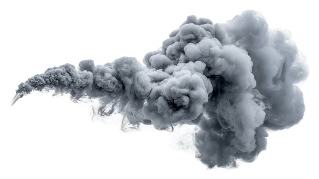A dramatic plume of gray smoke billowing across a stark white background in studio shot photo