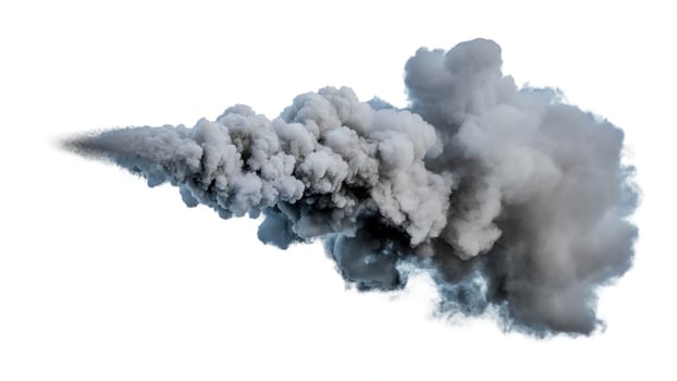 Dense plume of grayish smoke billowing and spreading against a stark white background view photo