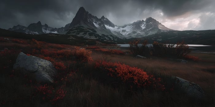 Dramatic Autumn Mountain Landscape Red Bushes Lake Snow Capped Peaks Dark Clouds photo