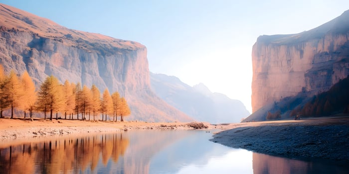 Autumn Landscape Calm Lake Golden Trees Mountain Cliffs Serenity Nature Scenery photo
