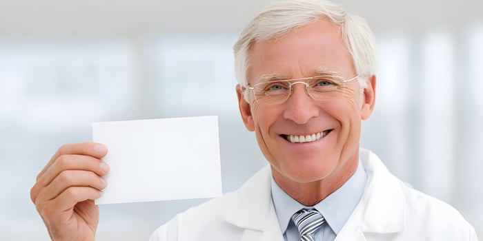 Smiling Senior Doctor Holding Blank White Card Medical Healthcare Professional photo