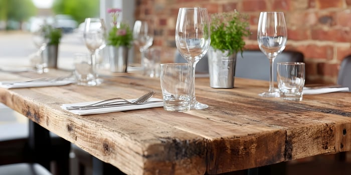 Rustic Wooden Tabletop Restaurant Setting with Wine Glasses and Cutlery photo