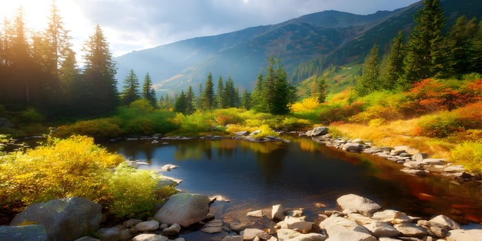 Autumn Mountain Lake Scenery Colorful Trees Rocks Sunlight photo