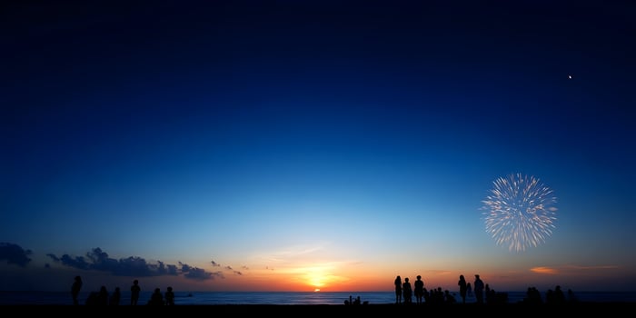 Beach Sunset Fireworks Crowd Silhouettes Summer Night Celebration photo