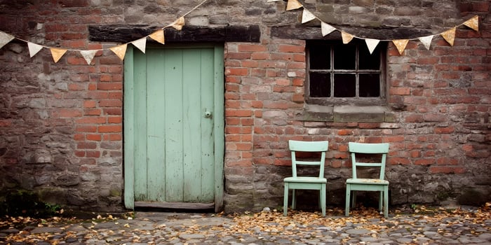 Rustic Brick Wall Green Door Two Chairs Autumn Leaves Decor photo