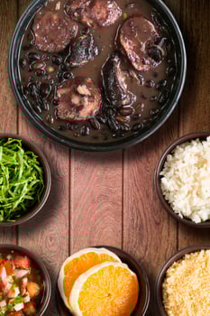 Traditional Brazilian feijoada meal. Top view photo