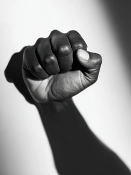 Silhouette of a Clenched Fist Casting a Long Shadow Against a Stark Background in a Dramatic Black and White Composition photo