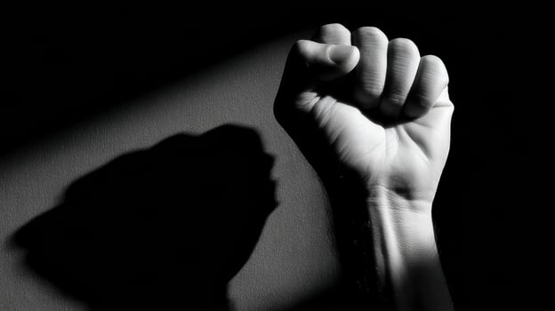 Clenched Fist Silhouette Casting a Harsh Shadow on a Wall During Evening Light photo