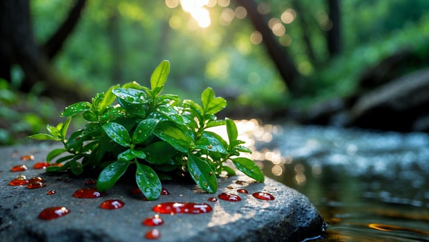 Green Plant on Rock with River and Forest Background in Sunlight photo