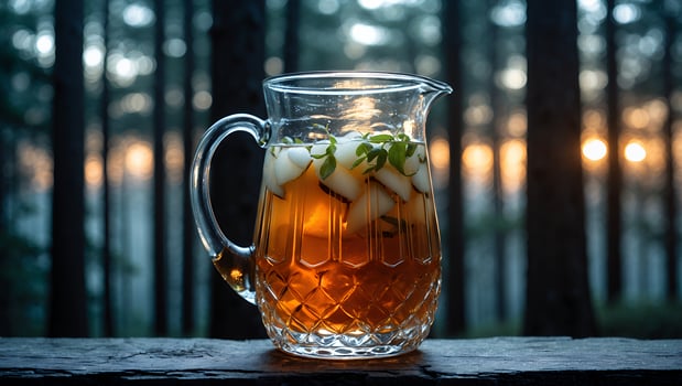 Refreshing Beverage in Glass Pitcher with Pear and Mint Outdoor photo