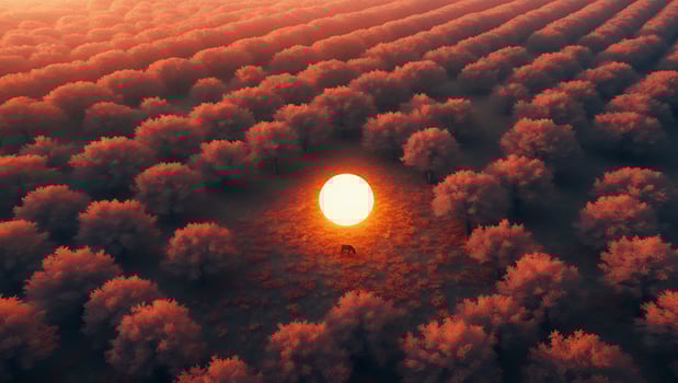 Dreamlike Tree Orchard with Glowing Sun and Animal Silhouette photo