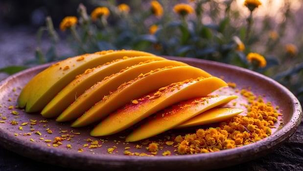 Sliced Mango on Plate with Yellow Flowers in Background photo
