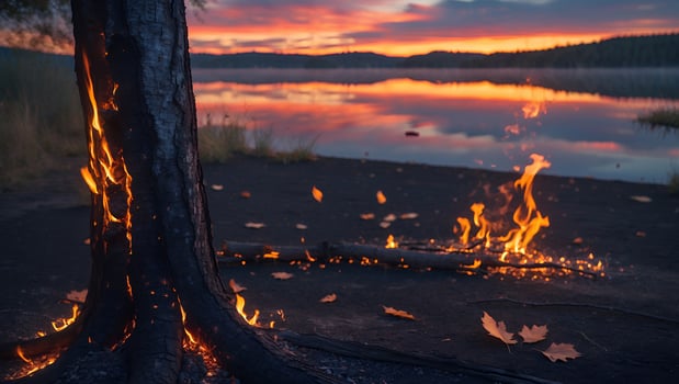 Campfire Burning by Lake at Sunset with Orange Sky Reflection photo