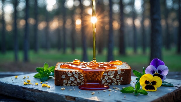 Pouring Honey on Grain Bread Slice with Flowers Outdoors at Sunset photo