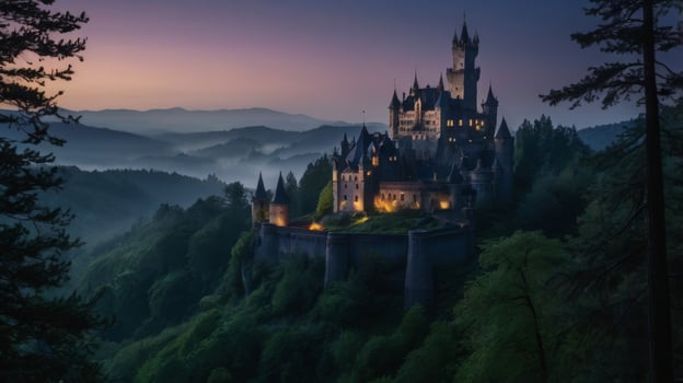 Majestic castle on a hilltop amidst lush greenery illuminated under twilight sky photo