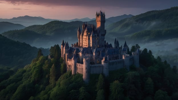 Fairytale Castle on a Hilltop with a Majestic Mountain Backdrop at Sunrise photo