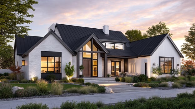 Photorealistic exterior image of house with modern roof and textures photo