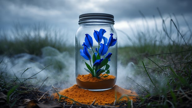 Blue Flowers Growing in a Glass Jar with Foggy Background photo