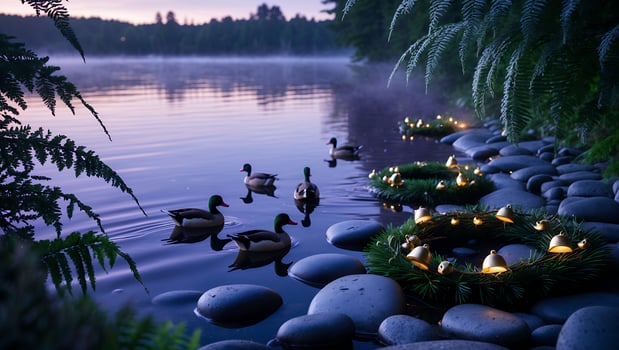 Ducks Swim in Peaceful Lake with Wreaths and Fog at Twilight photo