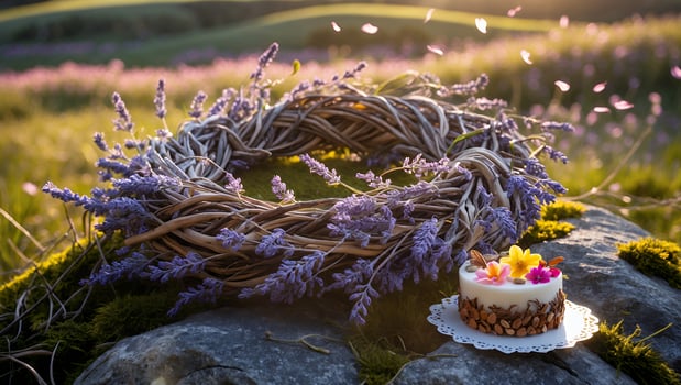 Lavender Wreath and Floral Cake on Rock in Meadow Setting photo