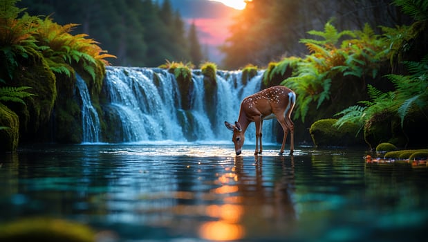 Deer Drinking Water Near Waterfall with Lush Green Forest Backdrop photo