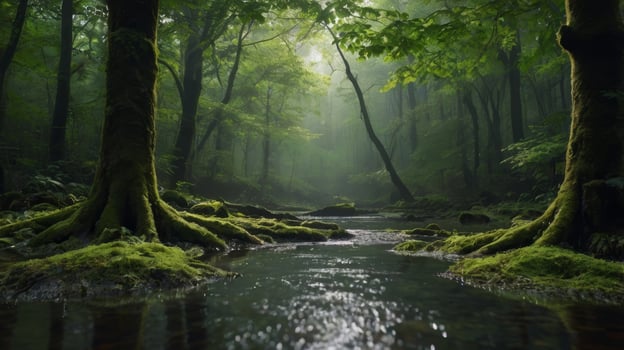 Serene woodland stream with moss-covered trees capturing natural beauty photo