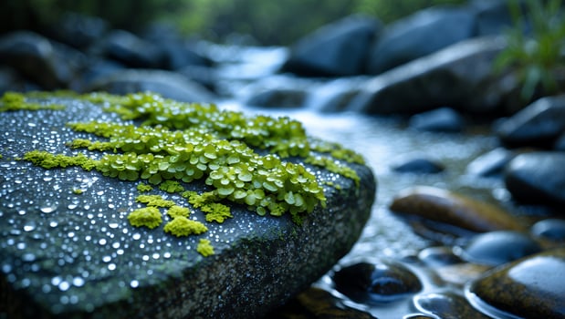 Moss Covered Rock by Stream with Water Droplets and Smooth Stones photo