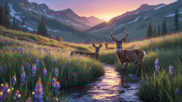 Deer in Meadow by Stream at Sunset with Mountain Views photo