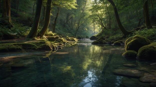 Tranquil river flows through the lush green forest with sunlight filtering through photo