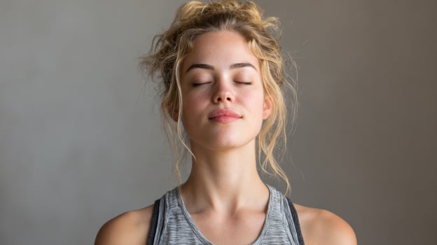 Breathing Techniques Grid for Stress Relief Performed by a Woman in a Relaxed Indoor Setting During Daylight Hours photo
