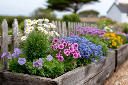 Colorful flowers growing in wooden planters in front of white picket fence photo