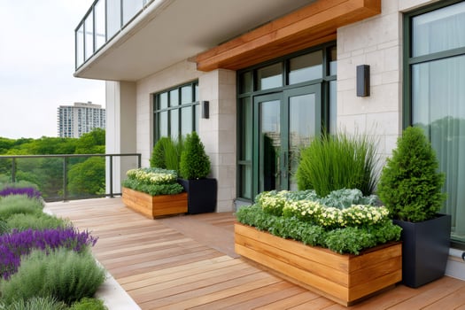 Modern rooftop garden with wooden planters and green door overlooking city photo
