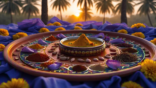 Preparing Traditional Meal Outdoors with Spices Flowers and Palm Trees photo