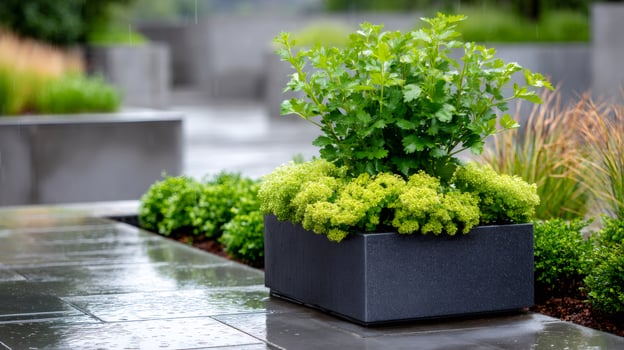 Parsley and sedum growing in pot during rain shower in modern garden photo