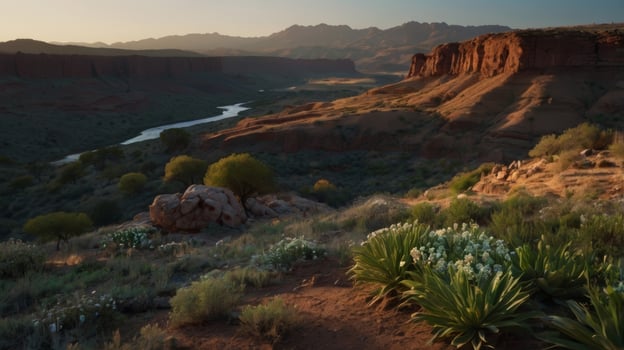 Scenic Desert Landscape with River and Cliffs under Sunrise Illumination photo