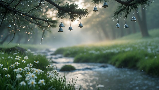 Stream Flowing Through Forest with Hanging Bells and Wildflowers photo