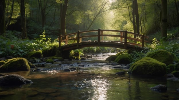 Enchanting morning light on the serene wooden bridge over the forest river photo