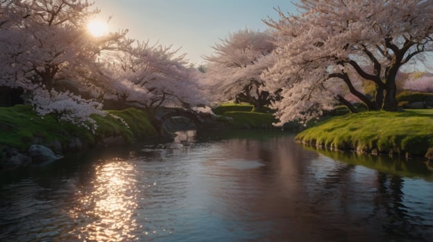 Captivating cherry blossom trees reflected in a tranquil river at sunset photo