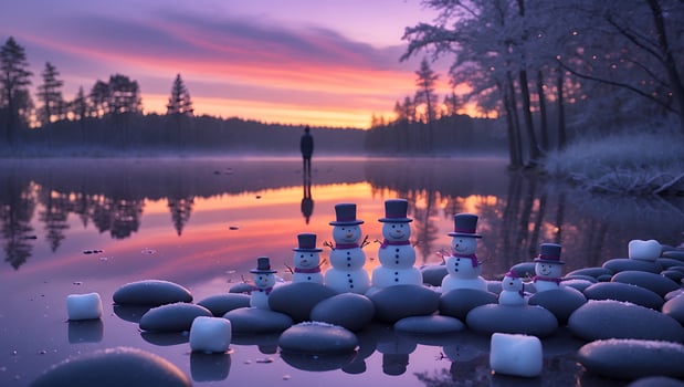 Snowman Family on Rock Beach at Misty Lake During Winter Sunset photo