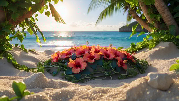 Hibiscus Flowers Arrangement on Sandy Beach with Ocean View at Sunset photo