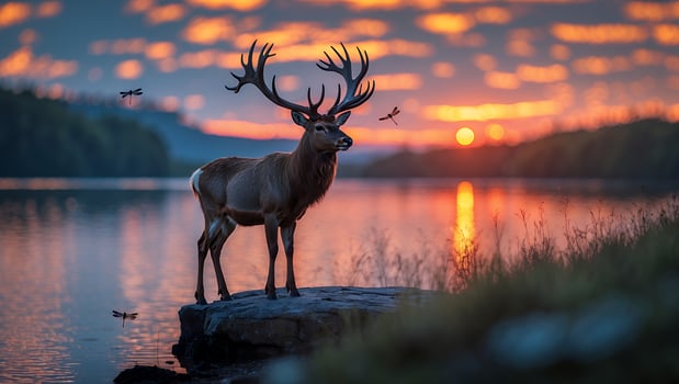 Standing Stag Watching Dramatic Lake Sunset with Dragonflies Flying Around photo