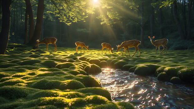 Deer Grazing Near Forest Stream in Golden Sunlight Meadow photo