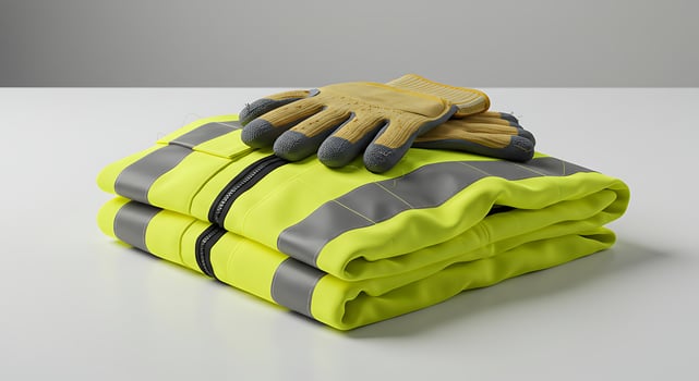 Safety Vest and Gloves Folded on White Surface Ready for Work photo