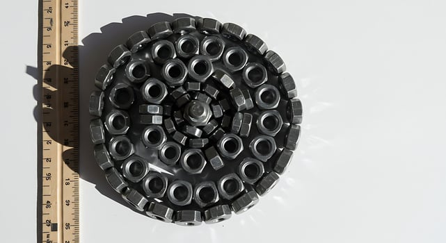 Metal Nuts Arranged in Spiral with Ruler for Scale photo