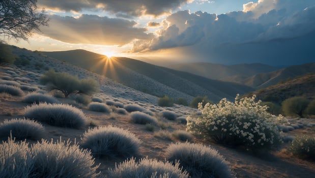 Scenic Desert Mountain Landscape at Sunset with Sunlight and Cloudscape photo