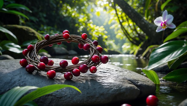 Cranberry Wreath on River Rock in Lush Green Rainforest Scene photo