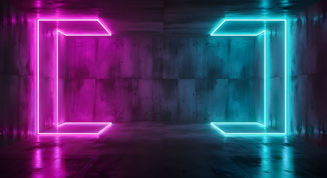 Neon Lit Concrete Room with Magenta and Cyan Glow photo