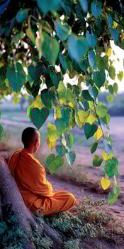 Monk rests at the Bodhi Tree contemplating in Bodh Gaya, India photo