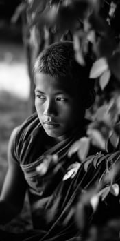 Young buddhist monk sits among foliage in southeast asia photo