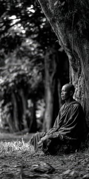 Monk sitting quietly against a tree trunk in the Forest photo